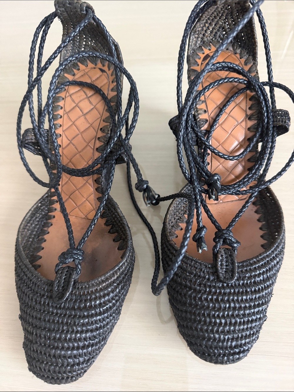 Bottega Veneta Black Woven Lace-Up Heels